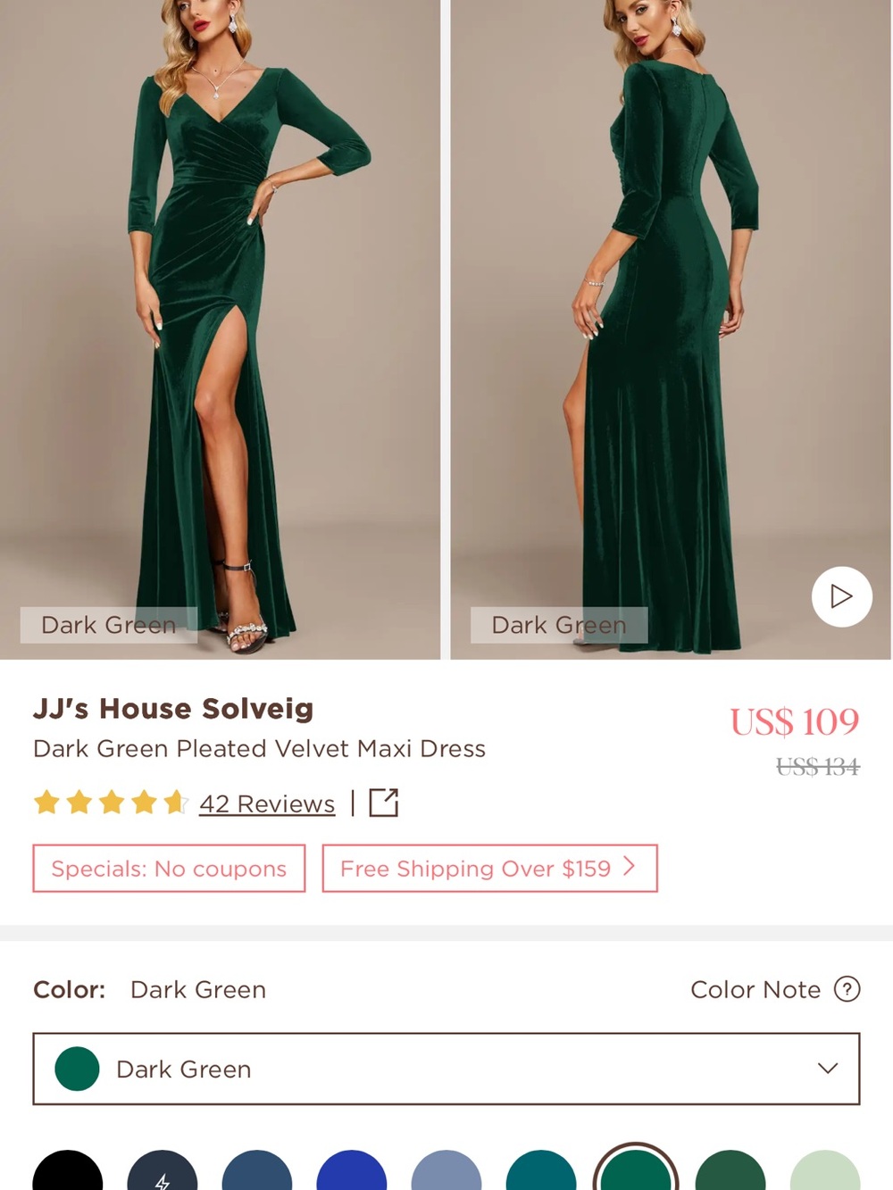 JJs House Dark Green Velvet Maxi Bridesmaid Dress With Slit
